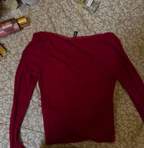 burgundy Lace Trim Long Sleeve Top