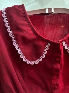 Chic Red Lace Collar Puff Sleeve Top