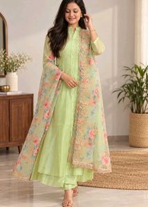 Mint Green Kurta Set with Floral Sheer Dupatta