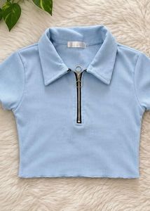 Cute Light Blue Collared Crop Top