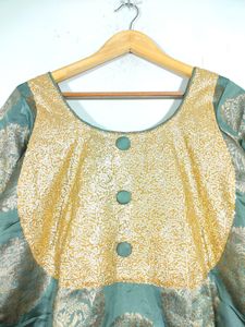 Grey With Gold Floral Print Ethnic Kurta (Women's)
