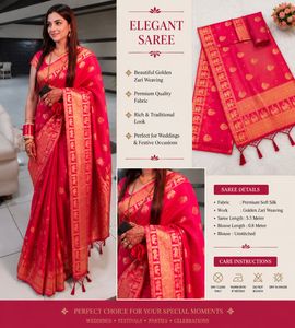 🔥SALE🔥Elegant Pink Banarasi Silk Saree with Gold