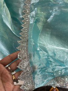 Beautiful Teal Saree with Silver Border