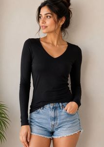 Classic Black V-Neck Long Sleeve Top