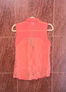 Sleeveless Lace Back Button-Up Shirt