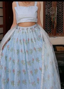 Blue Floral Lehenga Choli with Dupatta