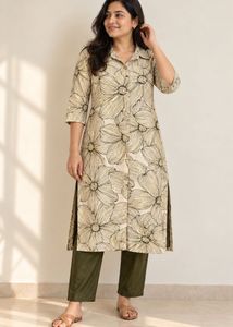 Olive Floral Print Kurta with Trousers