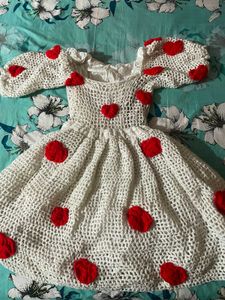 White Crochet Dress with Red Hearts