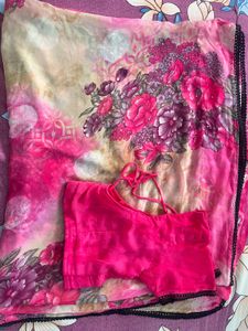 Beautiful Floral Chiffon Saree wth black lace bord