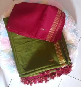 Elegant Mehndi Green Saree with Maroon Border