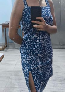 Blue Floral Print Midi Dress with Slit