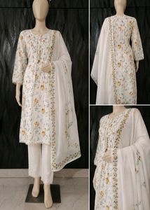 Pure White Cotton Kurta With Pant & Dupatta