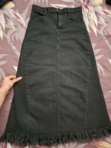 Denim Maxi Skirt with Fringe Hem