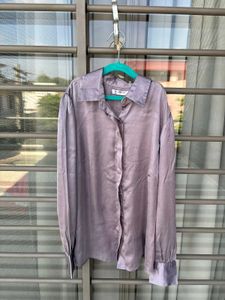 Chic Lilac Satin Button-Up Shirt