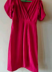Vibrant Pink V-Neck Puff Sleeve Dress