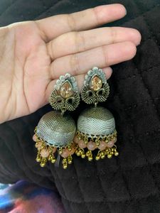Elegant Jhumka Earrings with Peach Beads
