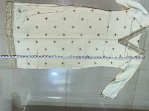 Embroidered Cream Silk Straight Kurta Pant Set.