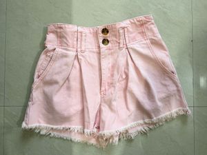 Pink High-Waisted Denim Shorts