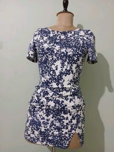 Blue Floral Print Mini Dress with Side Slit