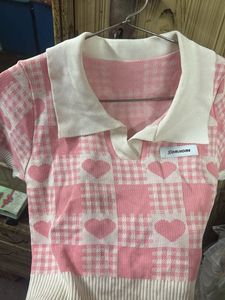 Cute Pink Heart Plaid Knit Top