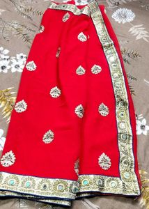 RED PARTY WEAR MIRROR WORK SAREE