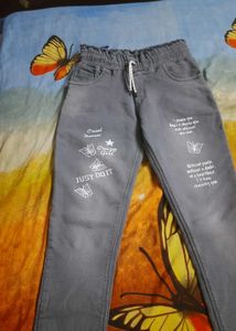 New Grey Denim Jeans with Cute Butterfly Print