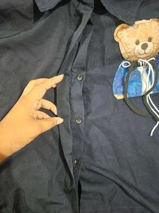Navy Blue Cute Teddy Bear Collared Top