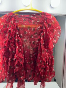 Red Floral Ruffle Top