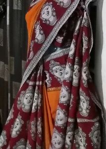 GentlyUsed UniqueKalamkariPrint Saree+Stiched