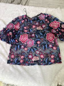 Sheer Floral Embroidered Bell Sleeve Top