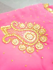 Beautiful Pink stone work saree with stitched blou