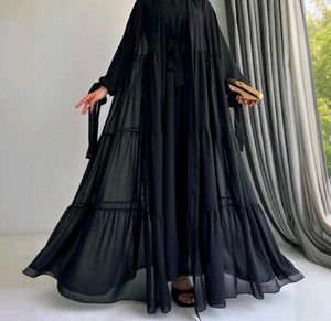 Elegant Tiered Black Chiffon Abaya with Overlay