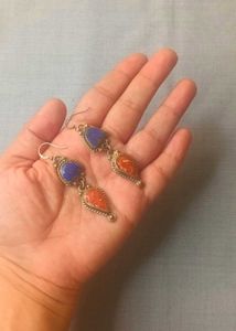 Tibetan SILVER Coral Lapiz Boho Gemstone Drop Earr