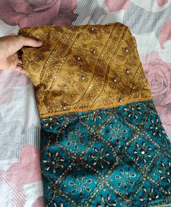 Embroidered Teal and Gold Saree