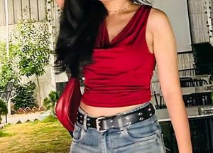 y2k Shiny Red Cowl Neck Sleeveless Top savana