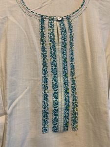 Pure Cotton White Kurti Light Embroidered
