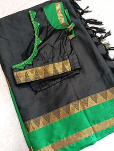 Elegant Black Saree with Green Blouse