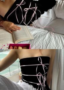 Black Strapless Top with Pink Ribbon Detail