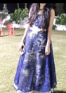 Blue Floral Illusion Neckline Dress