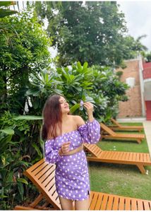 Lavender Polka Dot Off-Shoulder Set