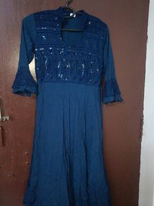 Blue Embroidered Frock For Women