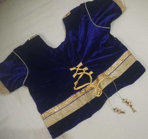 Elegant Royal Blue Velvet Blouse &amp; Net Lehenga