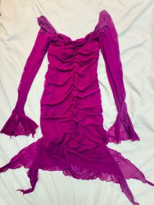 Purple Ruffle Meshy long Sleeve Mini Dress