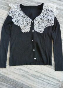Elegant Black Cardigan Lace Collar,korean
