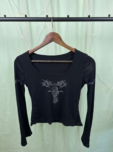 Black Vintage Y2K Tribal Graphic Long Sleeve Top