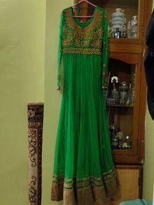 Beautiful Green Embroidered Anarkali Gown with dup
