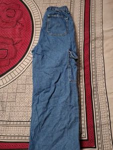 Blue Denim Wide-Leg Cargo Jeans