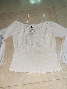 Off-Shoulder Smocked Cream Crop Top