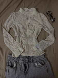 Cream Lace Button-Up Blouse