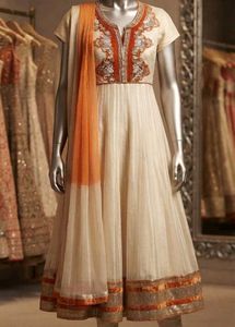 Elegant Cream &amp; Orange Anarkali Gown